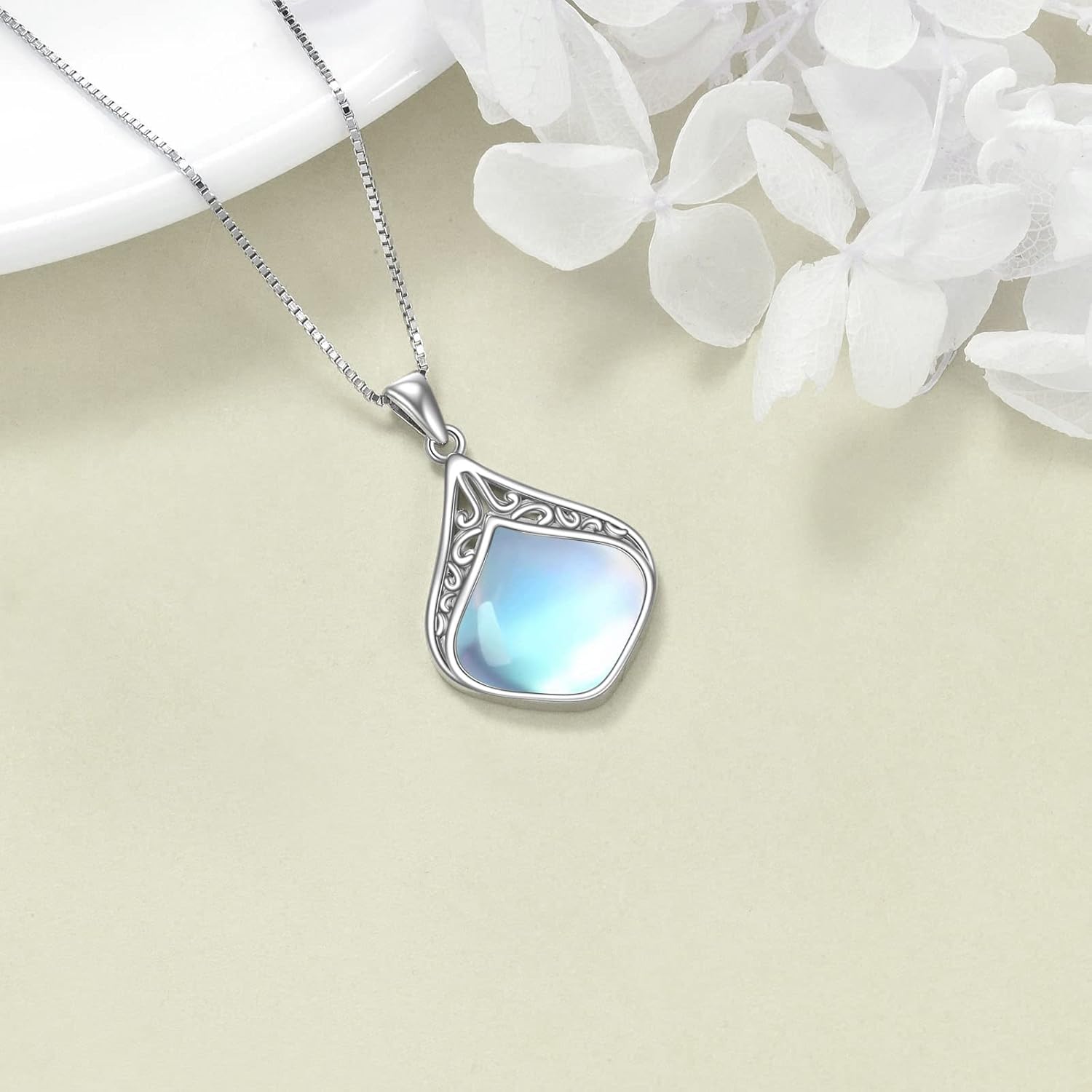 YAFEINI Teardrop Necklace Sterling Silver Filigree Irish Pendant Necklace Natural Stone Moonstone/Lapis Lazuli/Larimar/Moss Agate Necklace Jewelry - Image 4