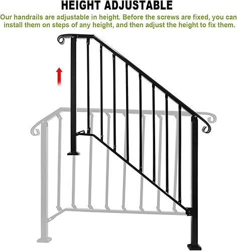 Miniatura 5 de Pasamanos ajustables para escalones al aire libre, pasamanos #3 para 3 o 4 escalones, pasamanos de hierro forjado mate, riel de escalera con kit de