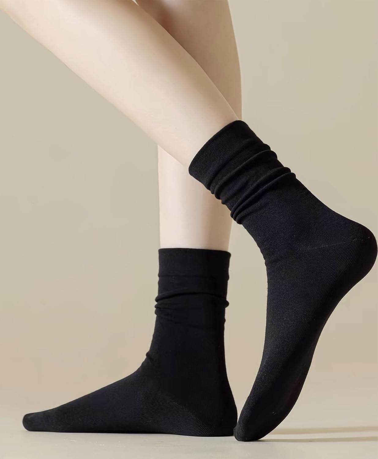 Women's Loose Cuff Cotton Crew Socks Long Seamless Casual Boot Socks Plain Black - Image 7