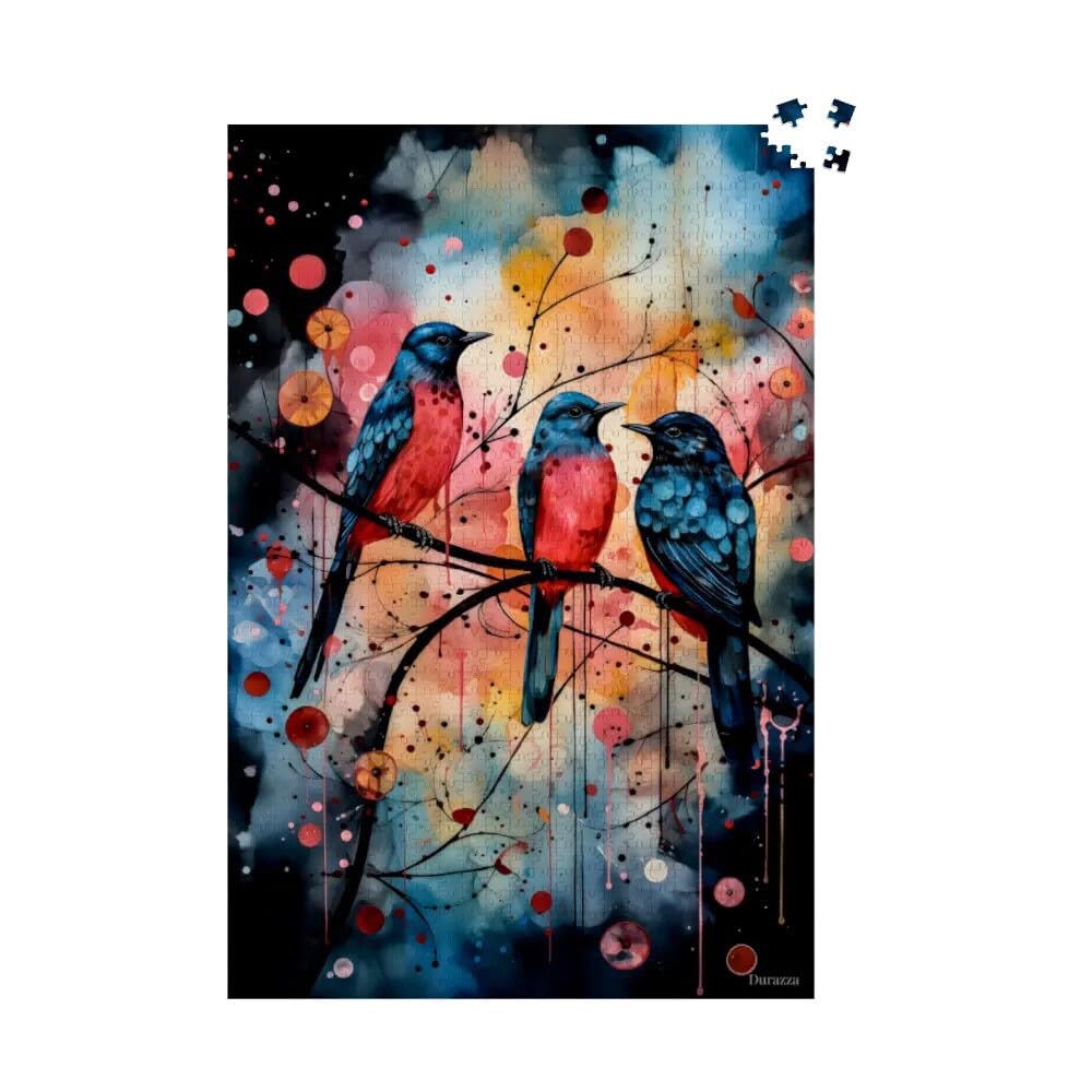 Abstract Bird Jigsaw Puzzle: Circle Bright Colored Whimsical 1000 Pieces, Modern Wooden Puzzle- Watercolor Bird Splash โ image 1