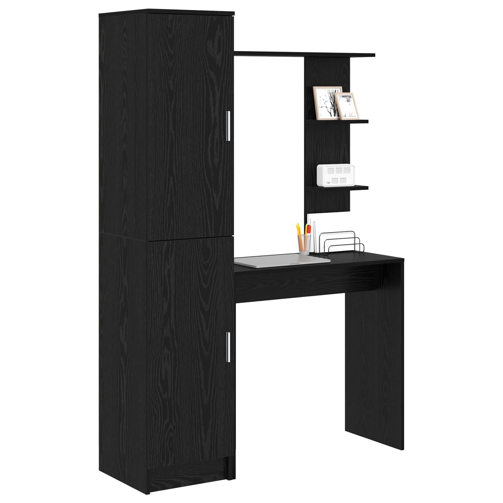 Scrivania in legno nero, effetto rovere, 113,5 x 39 x 168 cm, set da 2 pezzi, per ufficio, casa, studio, con spazio e scaffale, per postazione di lavoro organizzata