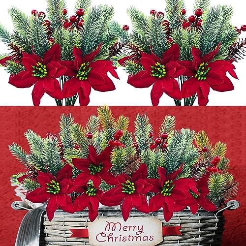 Carfoeny 6PCS Artificial Christmas Poinsettia Flowers Fake Poinsettias Pine Cones