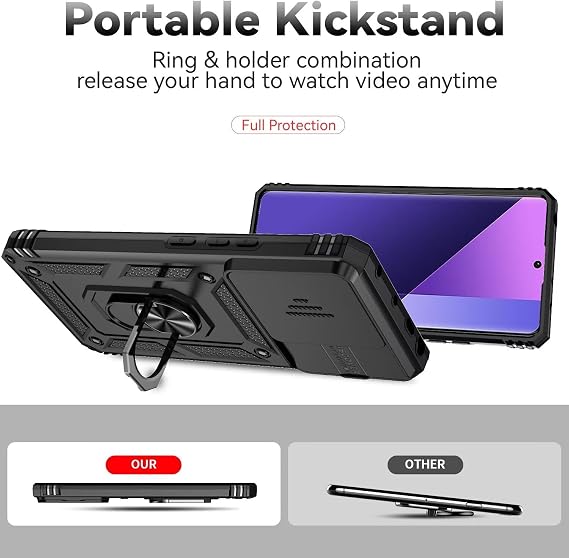 Redmi Note 13 Pro 5G用ケース 強化ガラススクリーンプロテクターとスライドカメラカバー付き、360度回転リングスタンド磁気カバー Xiaomi Redmi Note 13 Pro 5G用 ブラック
