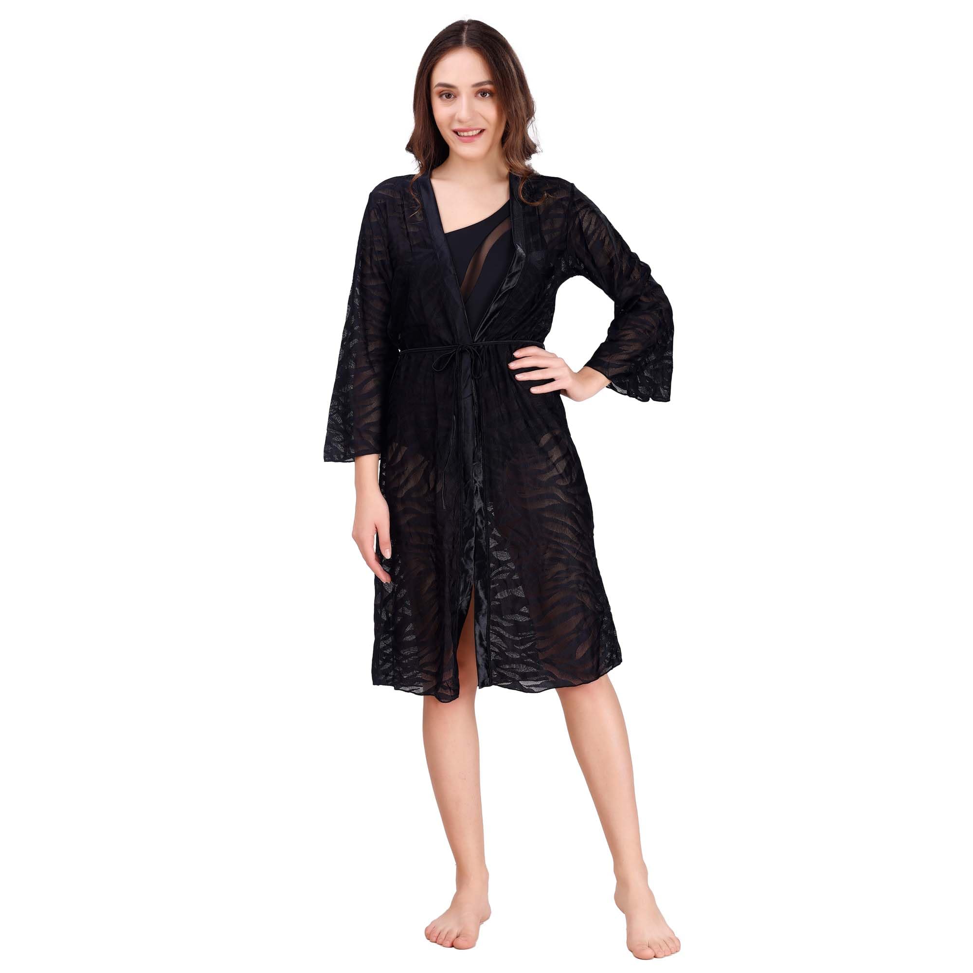 Women's Full Bell Sleeves Zebra Print Lace Robe Cover Up-image-18