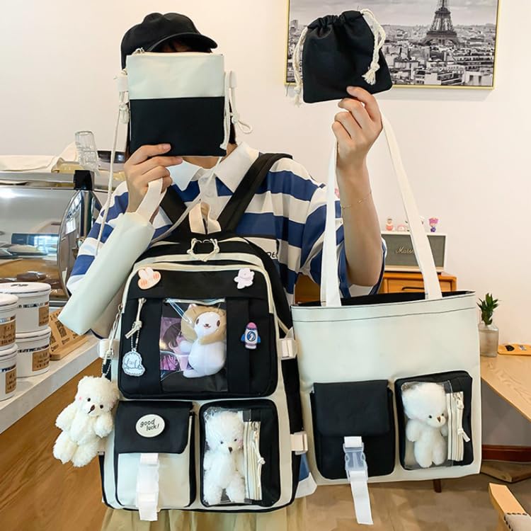 5PCS Kawaii Backpack Set with Cute Pendant and Pins Cute Aesthetic Bookbag Casual Daypack 15.6in Laptop Bag (Black,One Size)2