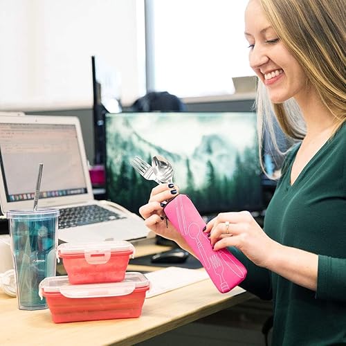 Miniatura 3 de Set de 4 unidades (cuchillo, tenedor, cuchara, palillos) para ViajesCamping Cubertería de acero inoxidable con funda de neopreno