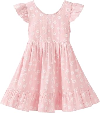 Neutocd Toddler Baby Girls Ruffle Dress Flutter Sleeve Backless Summer Floral Casual Cotton Sundress for Beach