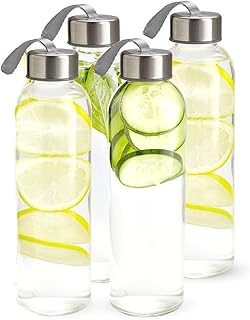 Kitchen Lux 18oz Glass Water Bottles – Pack of 4 – Nylon Protective Sleeves, Airtight Screw Top Lids, Portable Carrying Lo...