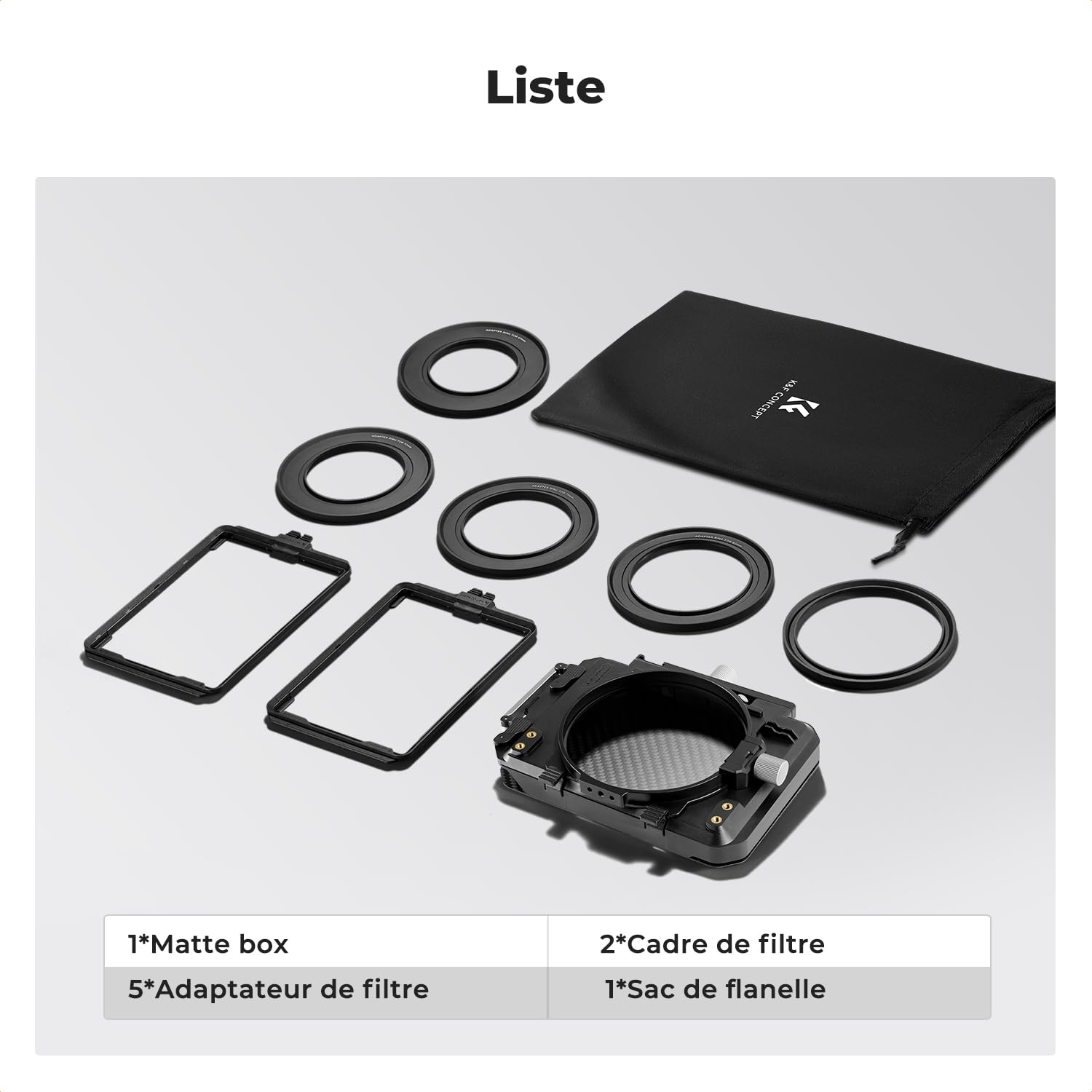 K&F Concept Matte Box Carbone et 5 Bagues Adaptateurs 67/72/77/82/95mm et Cadre de Filtre Carré de 4x5.65