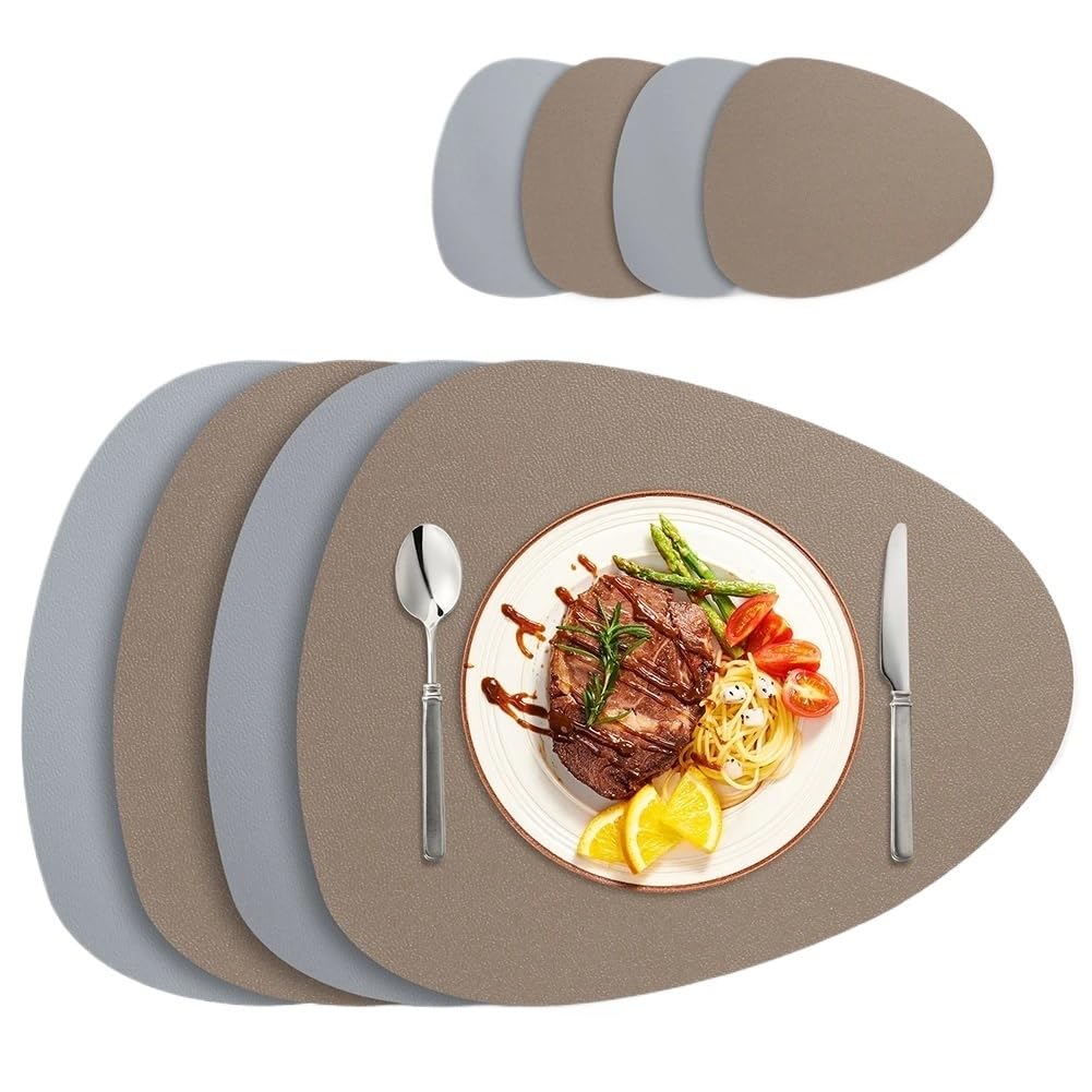 Faux Leather Placemats PU Leather Placemat and Coaster Set of 4/8 Dual-Sided Waterproof Wipeable Place Mats for Home Restaurant(Grey Khaki,Set of 8)