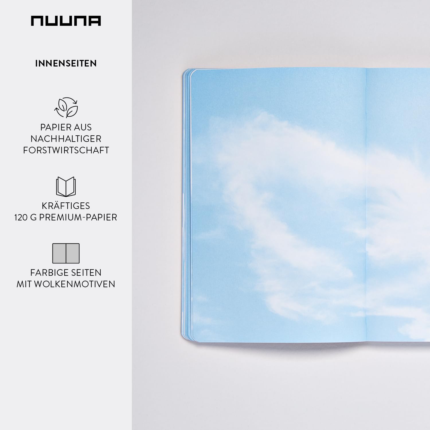 nuuna Inspiration Book M Quaderno A5, pagine colorate blu nuvola con motivi, 120 g, carta di alta qualità, JeansLabel grigio, prodotto in Germania in modo sostenibile