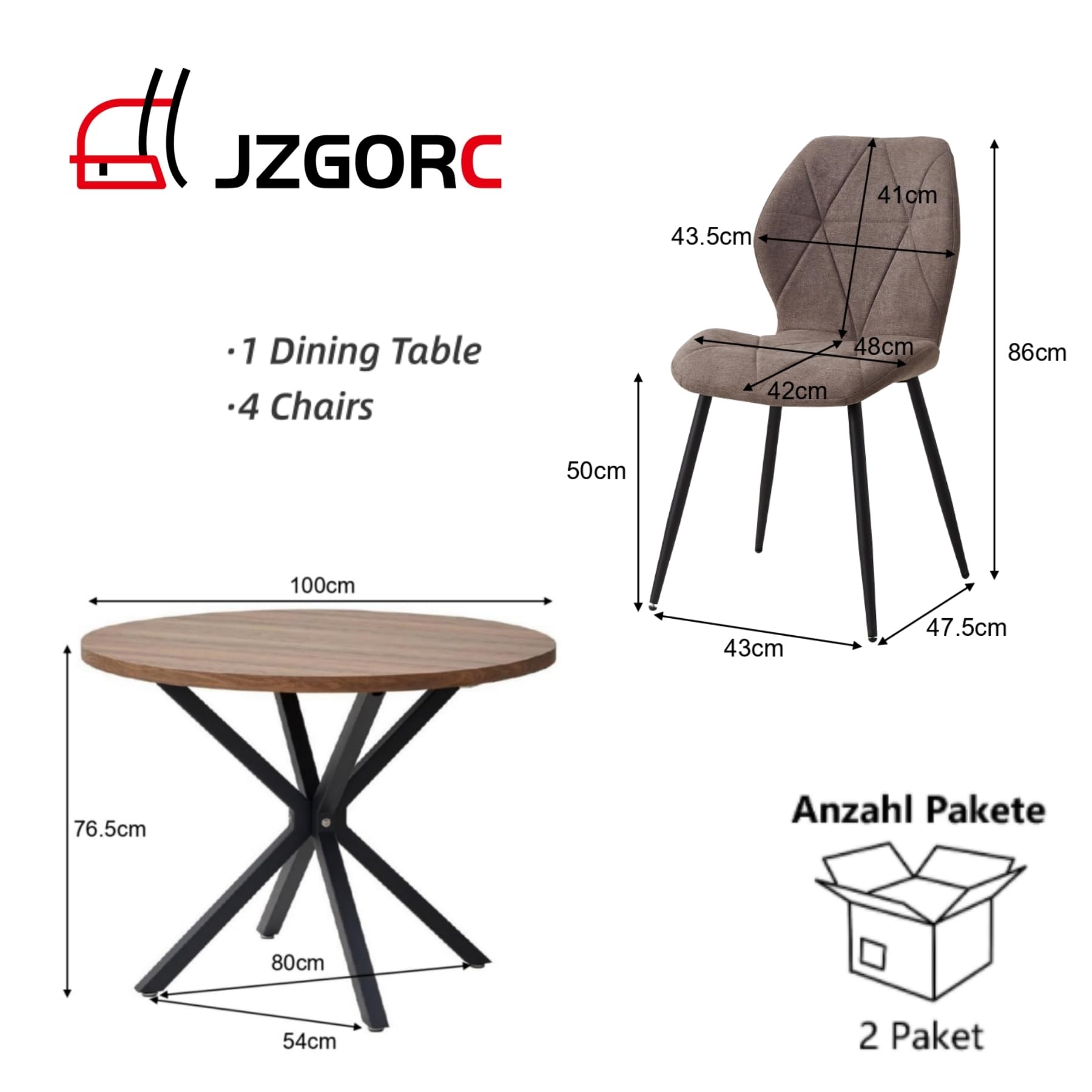 Juego de Mesa y Sillas de Comedor, Mesa de Comedor Redonda de 100 * 100 * 76.5 cm y 4 Sillas Modernas de Lino, para Comedor, Cocina, Sala de Estar, Textura Oscura + Marrón
