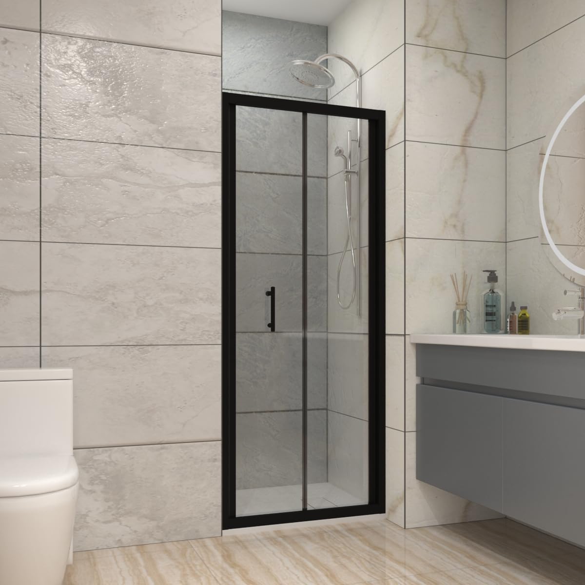 NRG 760 x 1900mm Bathroom Bi- Fold Shower Door for Wet Room Shower Enclosures Black Framed Space Saving