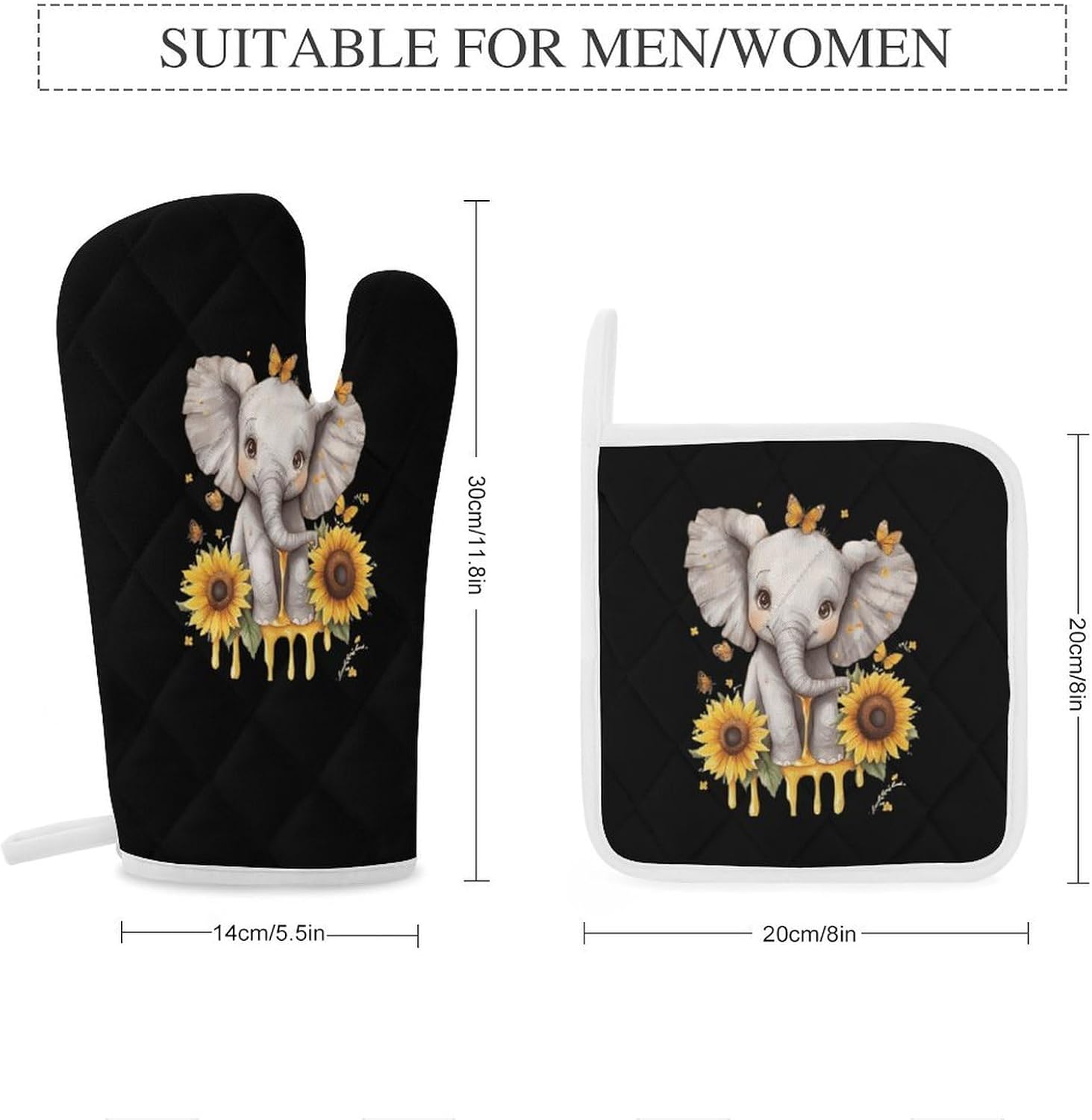 Elephant Sunflowers and Butterfly Oven Mitts and Pot Holders 4Pcs Set Heat Resistant Cooking Mitts Hot Pads