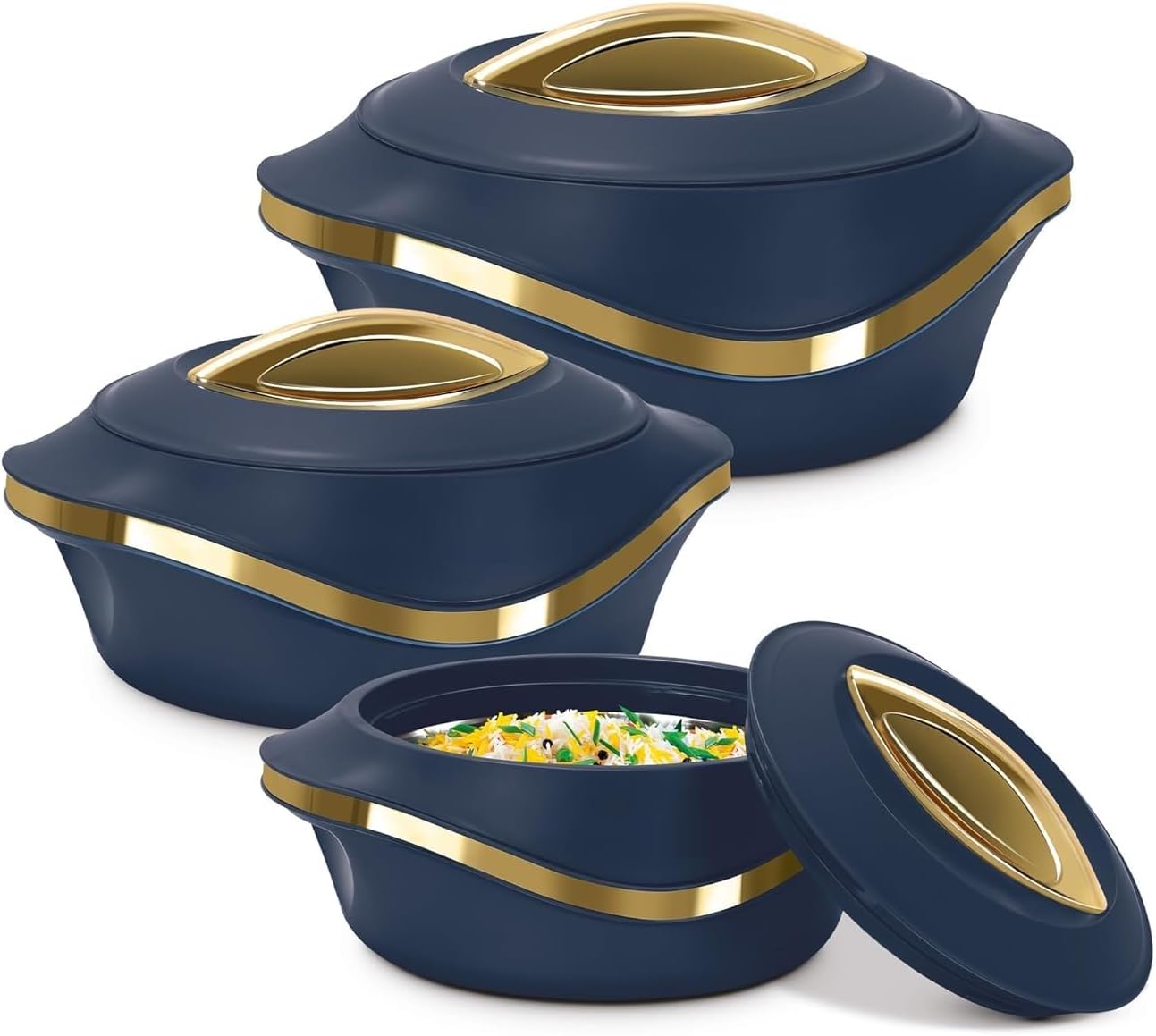 Pearl Casserole Set of 3 with Inner Stainless Steel | Keeps Food Hot & Fresh for Chapati, Roti, Biryani | Breakfast Lunch Dinner for Kitchen (1000ml, 1500ml, 2000ml) Blue