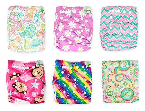 Image of Naturally Nature Cloth Diaper 6pcs Pack Washable Adjustable with 2 Inserts Each- Girl Variety Pack - Rainbow, Pink Stripes, Pink Daisies, Pink Monkey, Multi-Swirls,