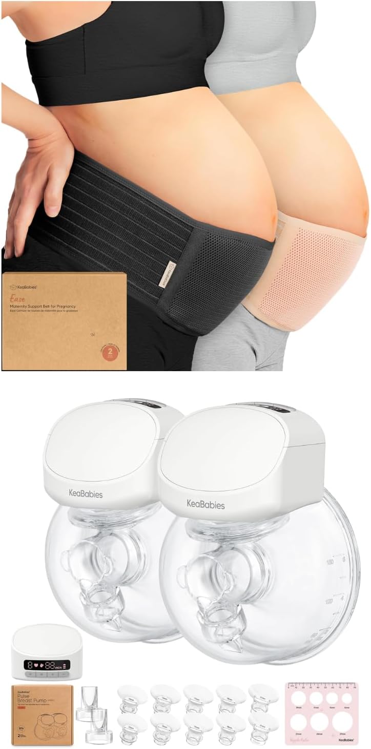 KeaBabies 2-Pack Maternity Belly Band and Breast Pump Hands Free - Soft & Breathable Pregnancy Belly Support Belt, Wireless Breast Pump Wearable, Double Pump Device