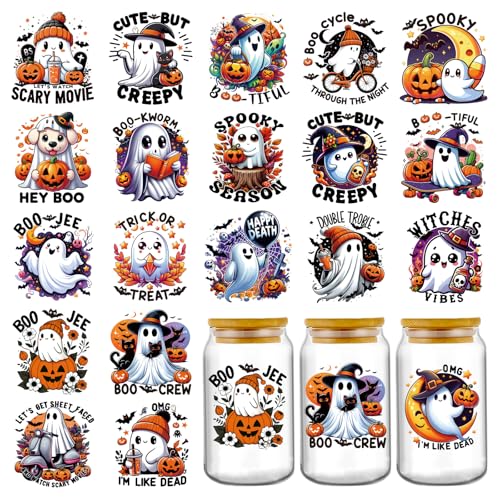 Halloween UV DTF Stickers - 20 Sheets Halloween Scary Movie UV DTF Cup Wraps for 16 20 oz Tumbler, Cute Ghost Pumpkin Bat Transfer Sticker Decals DIY Water Bottle Decoration Holiday Gifts for Women