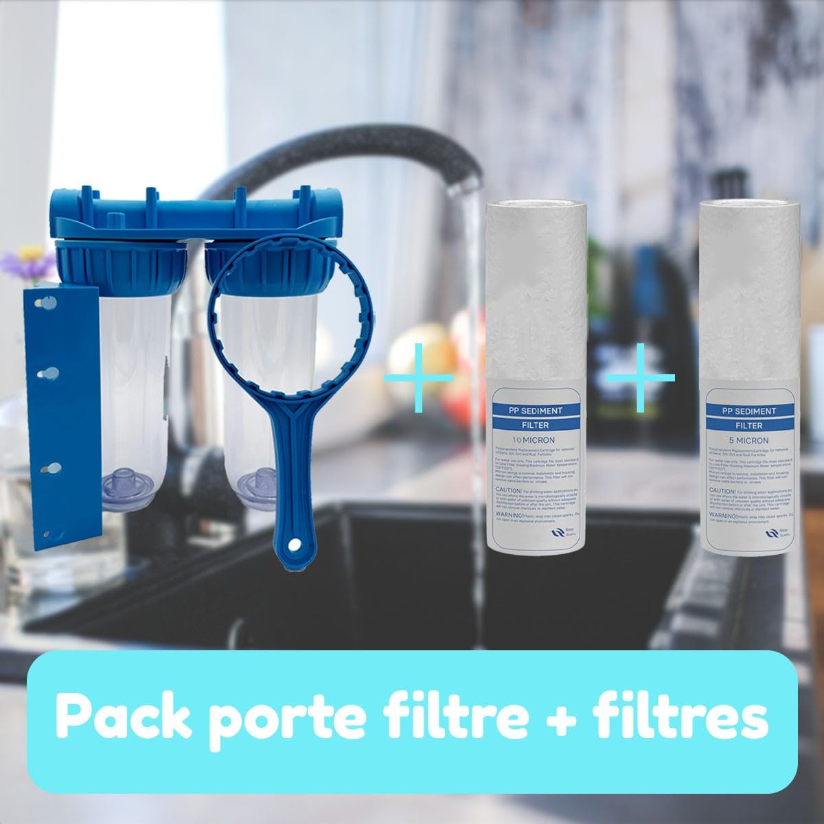 Pack de Filtration d'eau Double Porte Filtre Plus Filtre Anti sédiment 10 microns et 5 microns thermosoudée pour Une Eau Pure