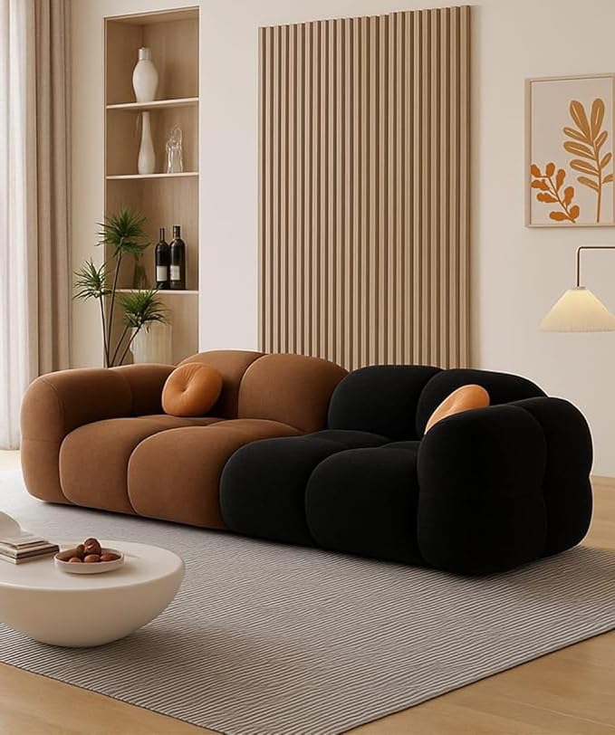 Image of CRAFTCITY Pumpkin Style Wooden Sofa | Contemporary Wool Sofa with Swen Pillow Back for Living Room (Black & Brown, 3 Seater)
