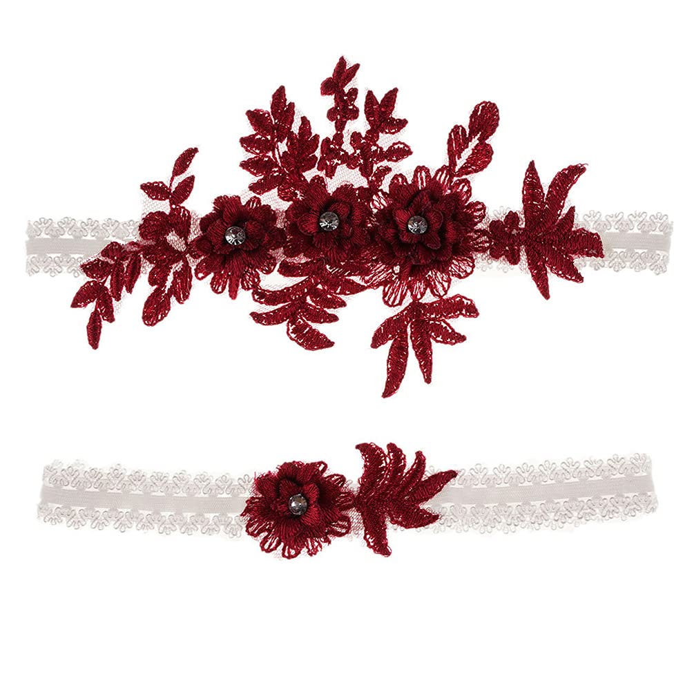 Pretishows Women's Burgundy Wedding Garters Set Lace Bridal Garter Stretchy Floral Garter For Bride