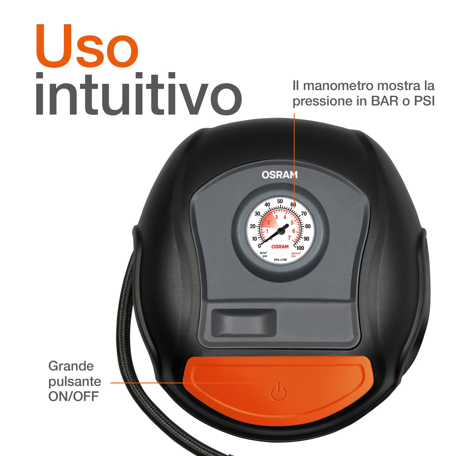 OSRAM OTI200 TYREinflate 200, Pompa elettrica analogica, compressore Auto Portatile 12V, Alimentazione Tramite accendisigari, gonfiaggio dei Pneumatici in 4,5 min, Senza Luce LED, Stop