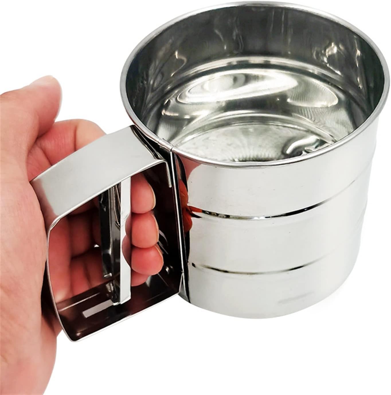 Food Strainers， Stainless Steel Semi-Automatic Flour Sieve Baking Tools Cup Flour Filter Sieve Hand-held Flour Sieve Strainer