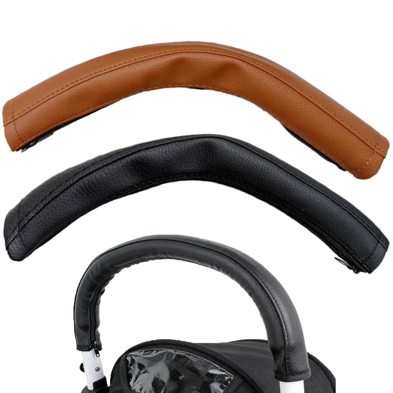2PCS Copri Maniglia Passeggino Marrone, Copri Maniglie per Carrozzina in Pelle di Pu, Protezione Della Maniglia Per Carrozzina,Impermeabile,Impugnatura Antipolvere Copertura-Marrone+Nero