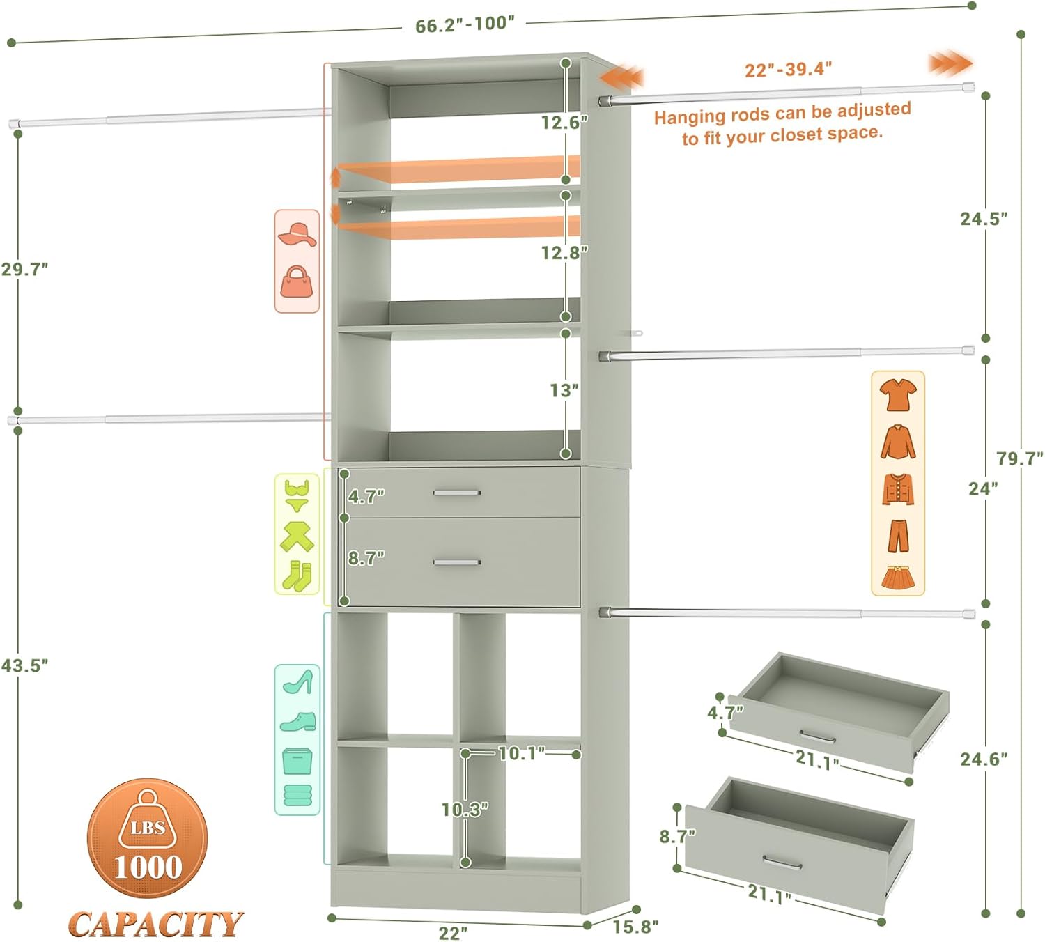 Besiost Closet System, 4-8 FT Closet Organizer Tower with 2 Wooden Drawers and Shelves, Can Fit 60 to 96 inch Walk-in Closet System with 5 Hang Rods, Built-in, Crab Green