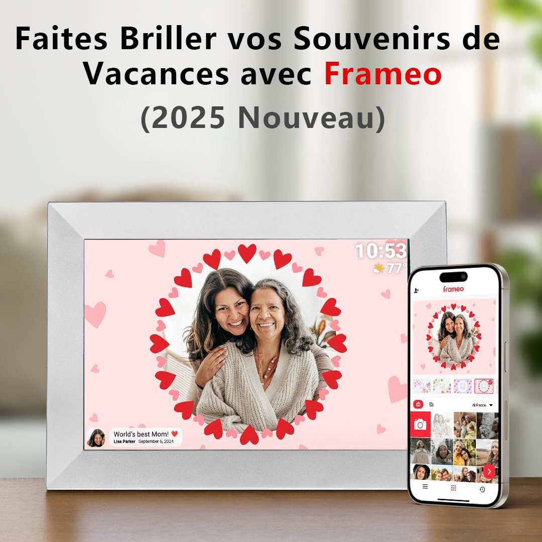 Frameo 32Go Cadre Photo Numérique WiFi 10,1 Pouces, Écran Tactile HD 1280x800 IPS pour Partager Photos et Vidéos, Support Multilingue, Rotation Automatique, Montage Mural (Blanc)