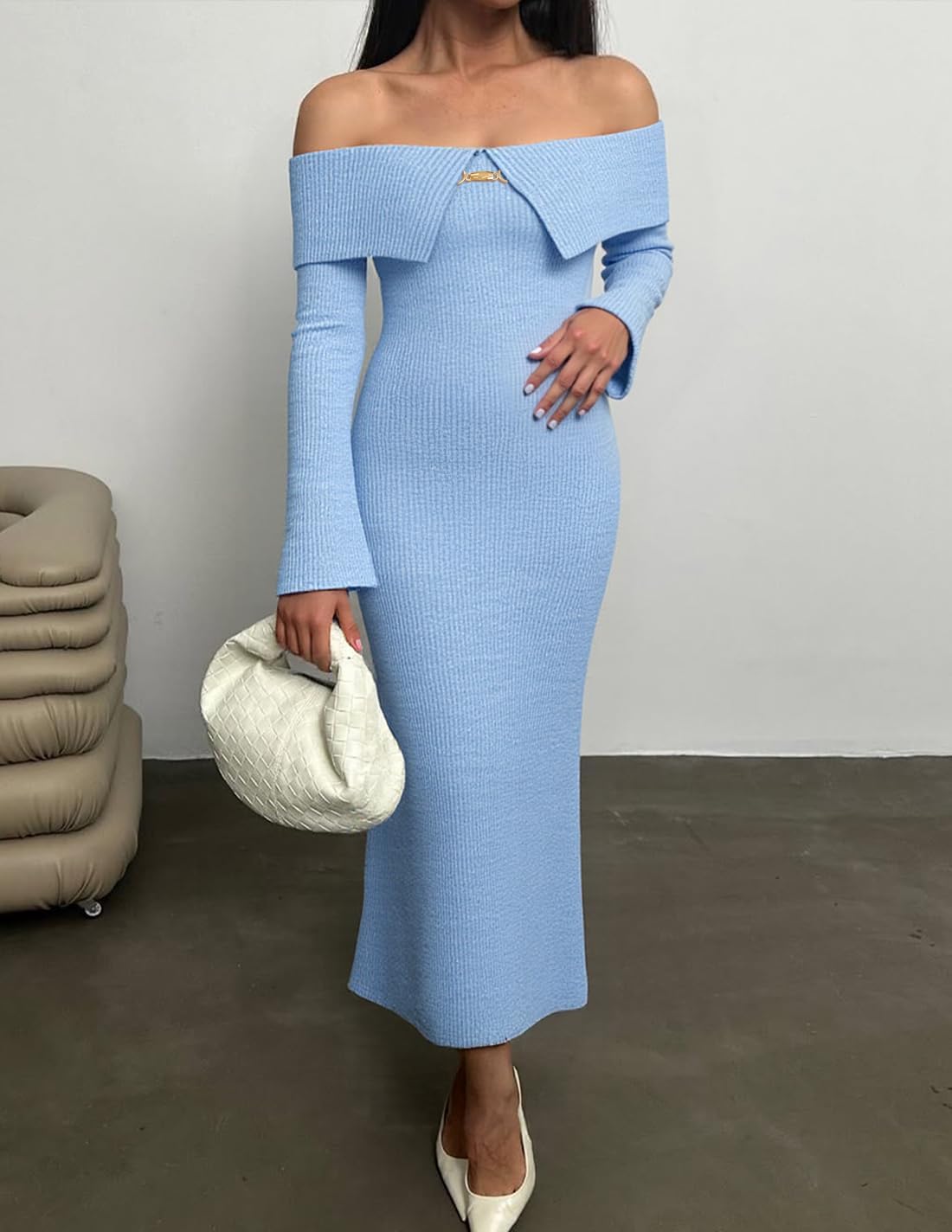 ZESICA Women's Fall Off Shoulder Sweater Dress 2025 Bell Long Sleeve Ribbed Knit Bodycon Formal Maxi Dresses - Image 4