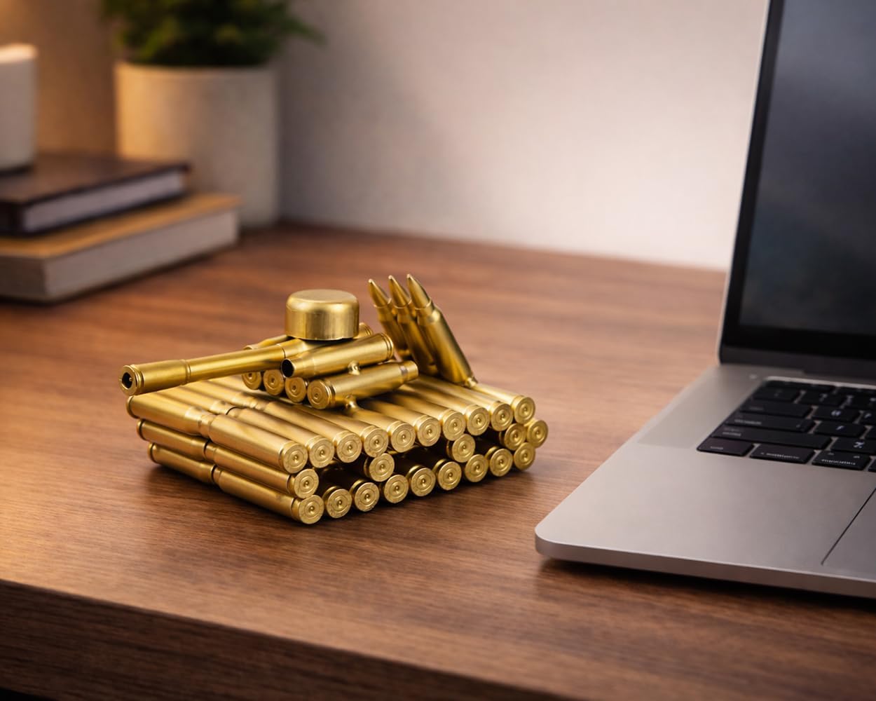 Bullet Shell Casing Shaped Tank Sculpture, Army-Inspired Tank Figurine Desk Decor Metal Craft Collectible Gift