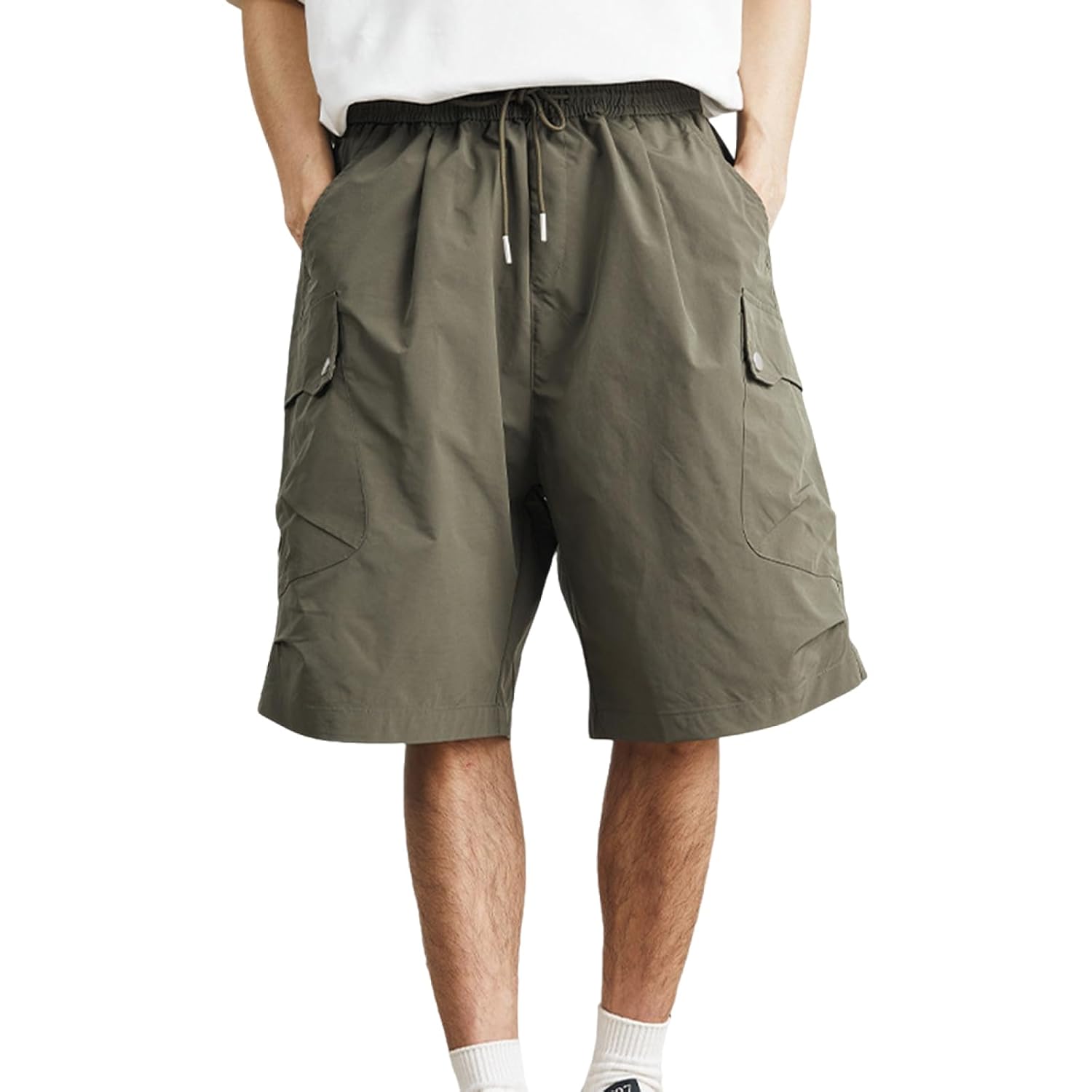 Mens Quick Dry Cargo Shorts Casual Drawstring Elastic Waist Athletic Running Shorts with Pockets No Lining