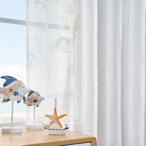 jinchan White Sheer Curtains 63 Inch Length Nautical Coastal Starfish Seashell Pattern Curtains for Bedroom Beach House Window Treatment for Living Room Rod Pocket Summer Drapes 2 Panels Set