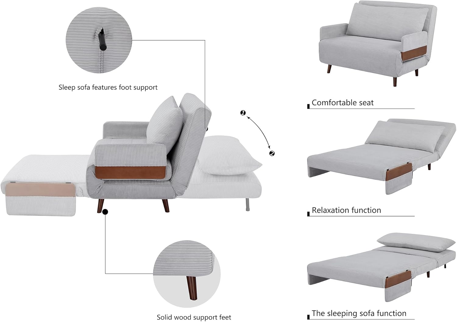 42" Convertible Sleeper Chair, 3-in-1 Chair Bed Sleeper for Adults with Adjustable Backrest, Pillow & Wooden Arms, Loveseat Sofa Bed for Apartment, Office, Light Gray
