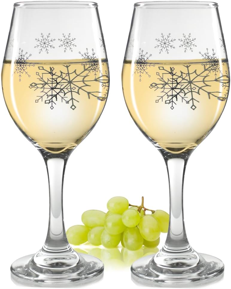 Snowflake Wine Glasses - Stemmed Wine Glasses with Silver Snowflake Designs Printed on each Side - Set of 2-7.75" H - 12 oz Capacity - Image 8