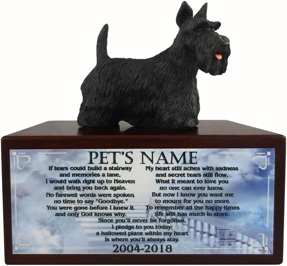 Conversation Concepts Beautiful Paulownia Small Wooden Urn with Scottish Terrier Figurine & Personalized Pewter Engraving