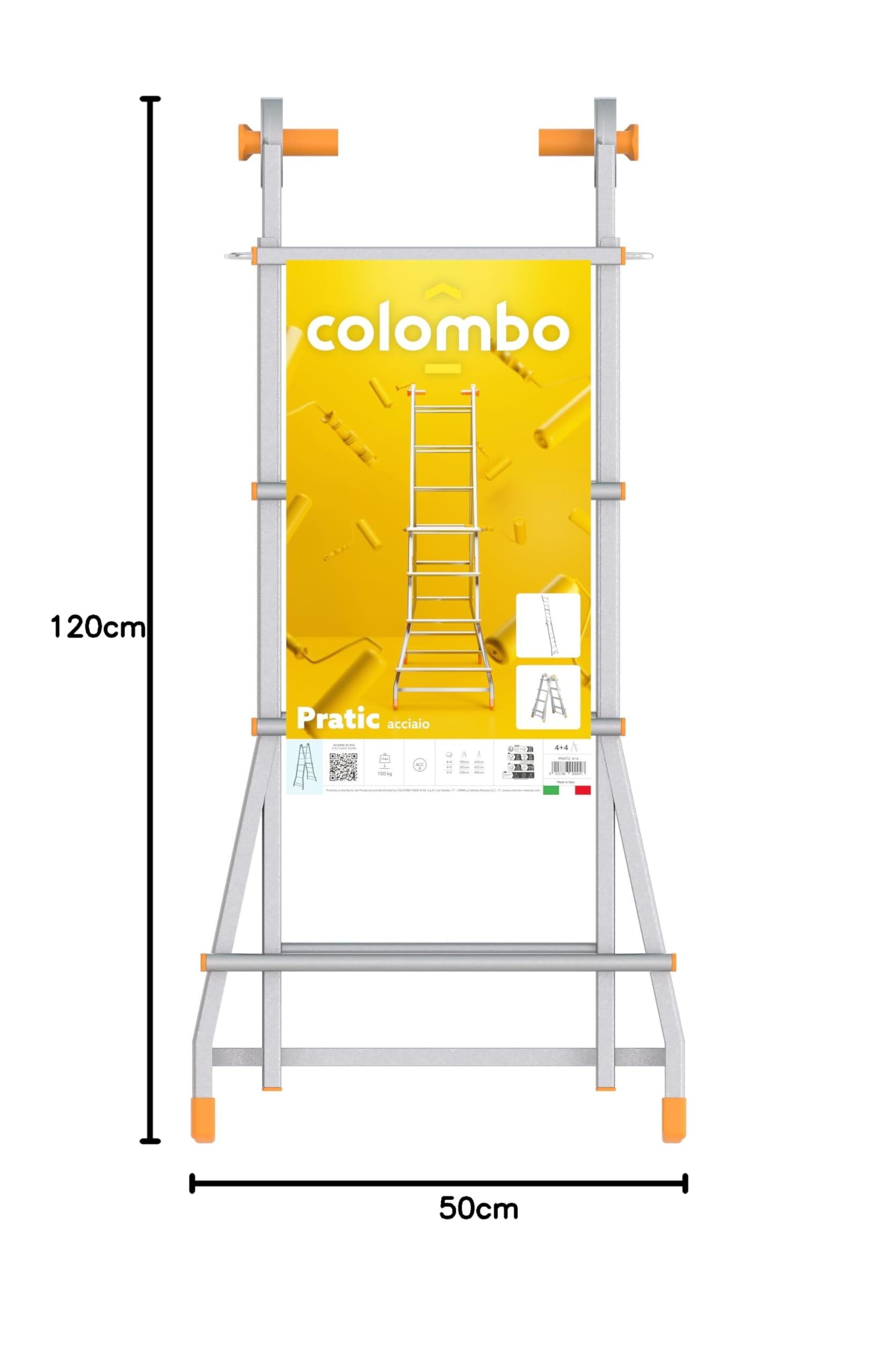 Colombo Scala a filo telescopica acciaio 4+4 gradini, Scala Telescopica in Acciaio altezza 3,7mt, snodo semi-automatico, piedini antiscivolo, Argento