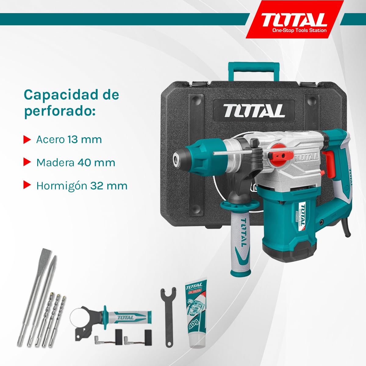 TOTAL - Martillo Combinado de Cable con Potencia de 1500 W - Taladro, Percusión y Picado - Velocidad de 850 rpm - Con 3 Brocas, 2 Cinceles y Escobillas