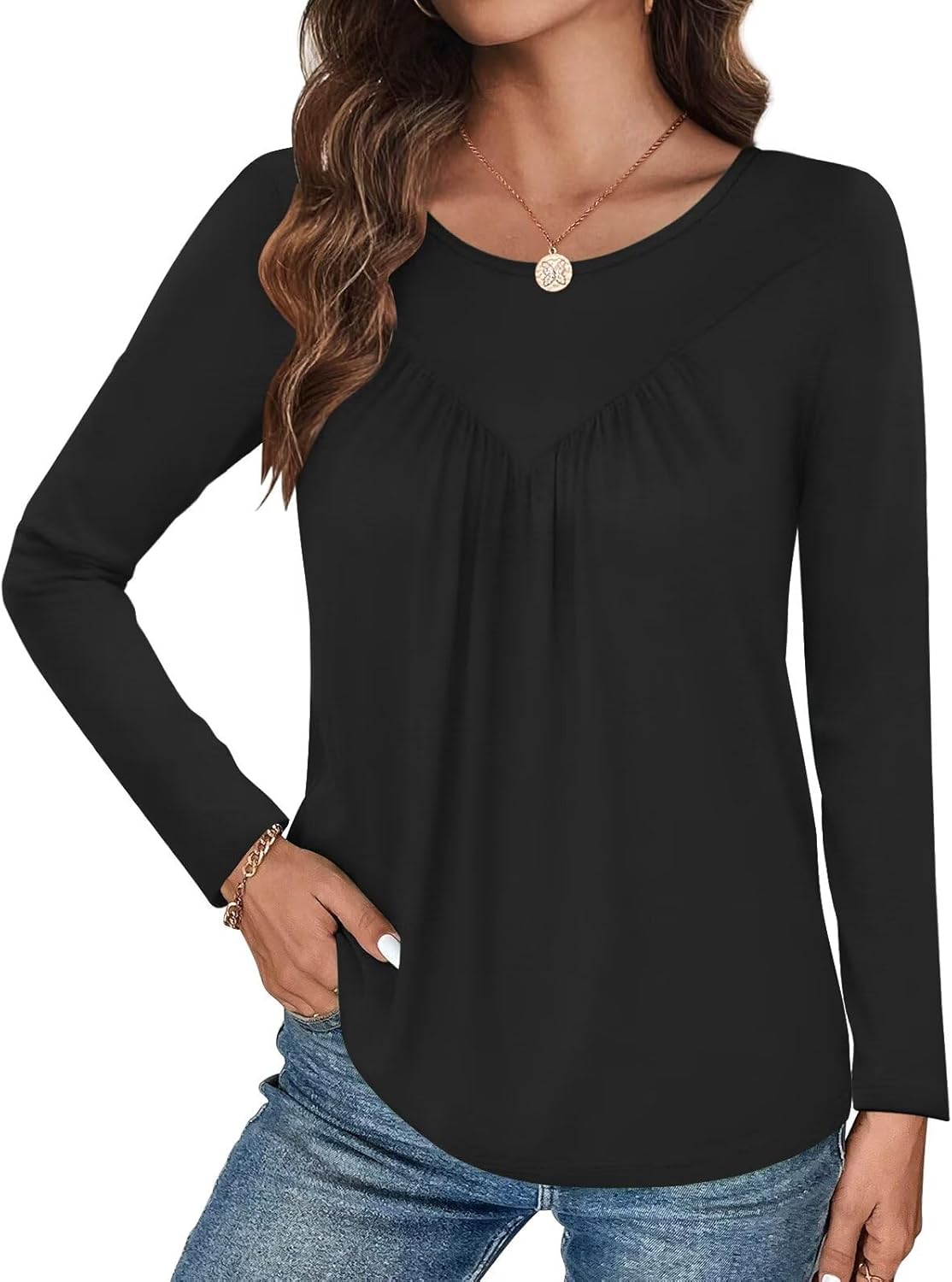 Bliwov Womens Long Sleeve T Shirts Fall Fashion Outfits Casual Blouses Loose Fit Tops Crew Neck Ruched Tunic Trendy Clothes