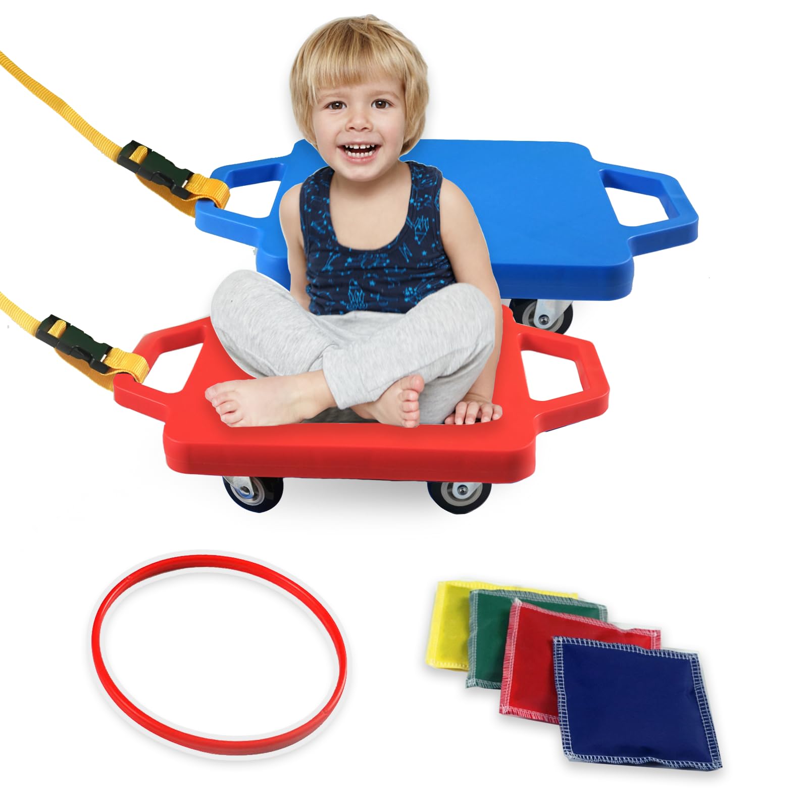 Floor Scooter Board Set for Kids, Comes with Bean Bag Toss and Pick, Ring Toss Games, Rope for Pulling and Racing, Holds up to 180 lbs with Handle and Wheels for Indoor Gym and Outdoor Play