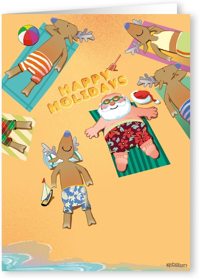 Santa and Crew Sunbath On Beach Christmas Card 18 Cards