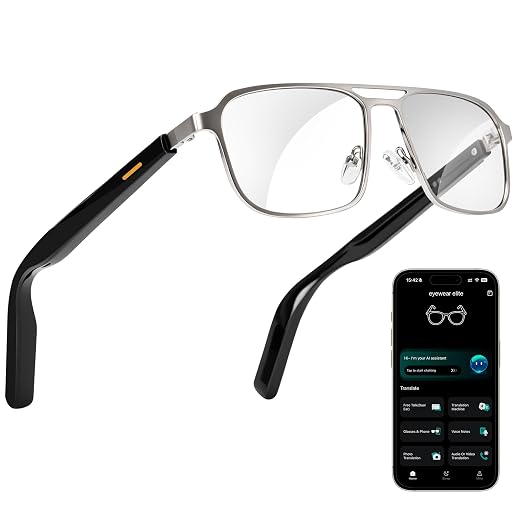 AI Smart Glasses with ChatGPT & Real-Time Translation, Bluetooth Audio Glasses with Photochromic Lens, Music & Hands-Free Calling, UV/Blue Light Protection, Metal Frame, Thin Temple