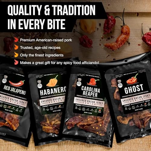 Meat And Pepper Thick Cut Bacon Jerky, Hot N Spicy 4 Flavor Gift Box, Variety Gift Bundle, Cooked Ready To Eat, High Protein Keto Snack, Made In Usa (Sriracha, Habanero, Ghost, Carolina Reaper Pepper) #TOP3