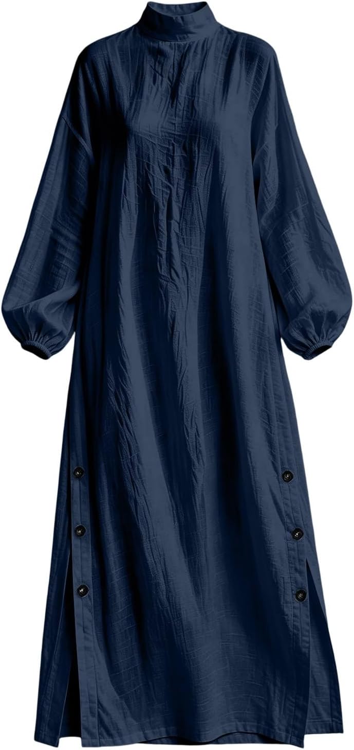 Women Mock Neck Maxi Dress Long Sleeve Side Slit Casual Dresses