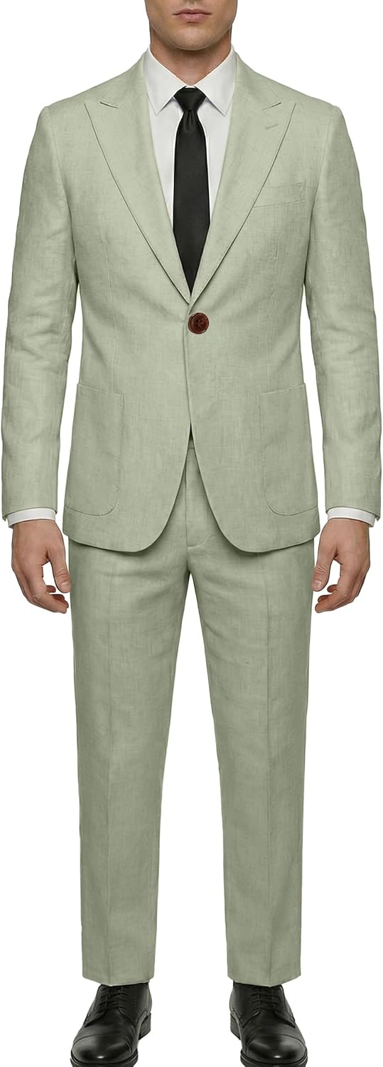 Men's Linen Suit 2 Piece Set Men Slim Fit Suits Business Beach Groomsmen Wedding Casual Prom Tuxedo Blazer Jacket Dress Pants