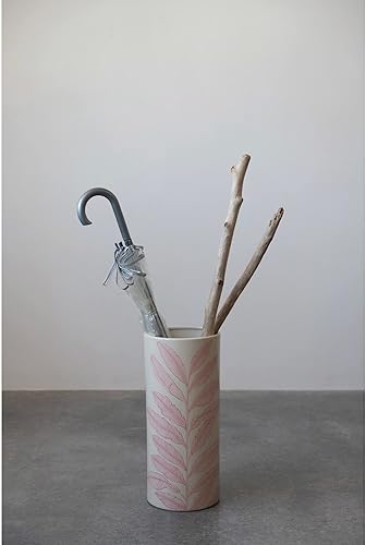 Miniatura 4 de Creative Co-Op Soporte para paraguas de gres florero de palma rosa, 8 pulgadas de largo x 8 pulgadas de ancho x 19 pulgadas de alto, color crema