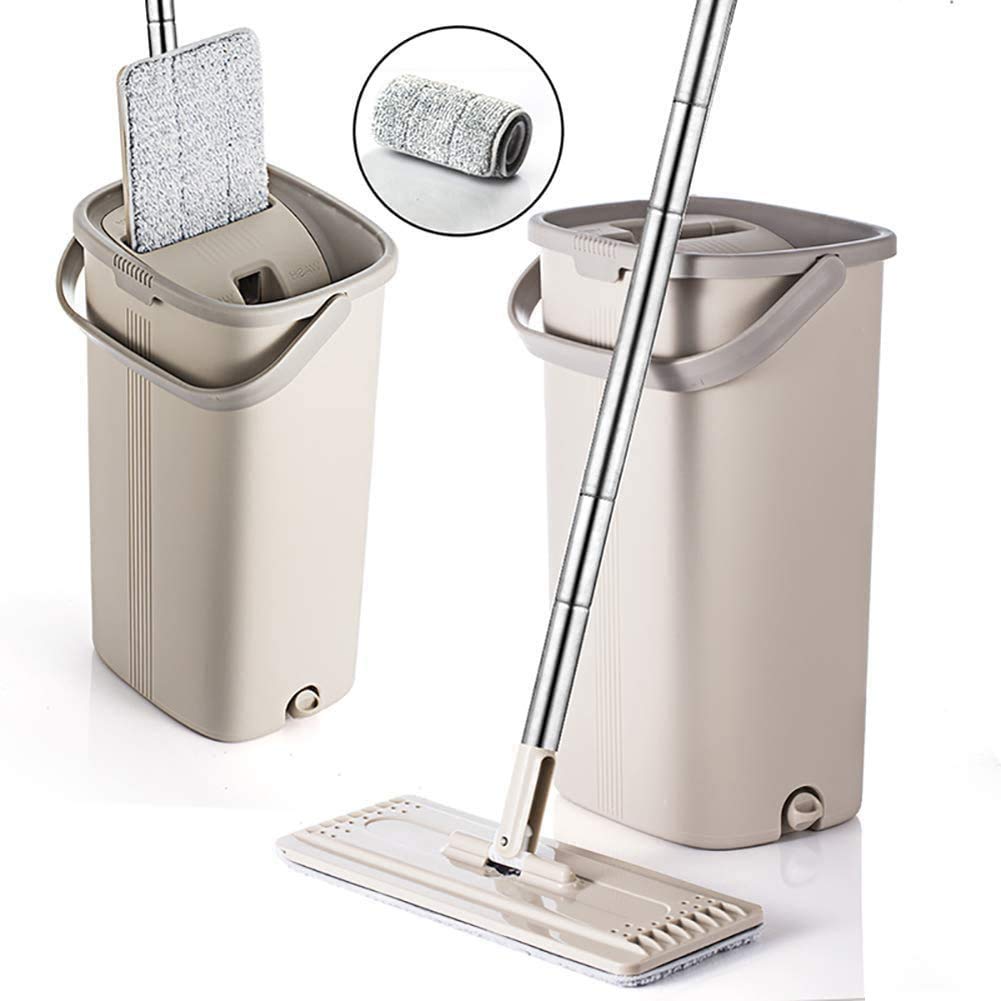 Flat Floor Mop and Bucket Set for Professional Home Floor Cleaning System with Aluminum Handle 2-Washable Microfiber Pads Perfect Home + Kitchen Cleaner for Hardwood, Laminate, Tiles, Vinyl