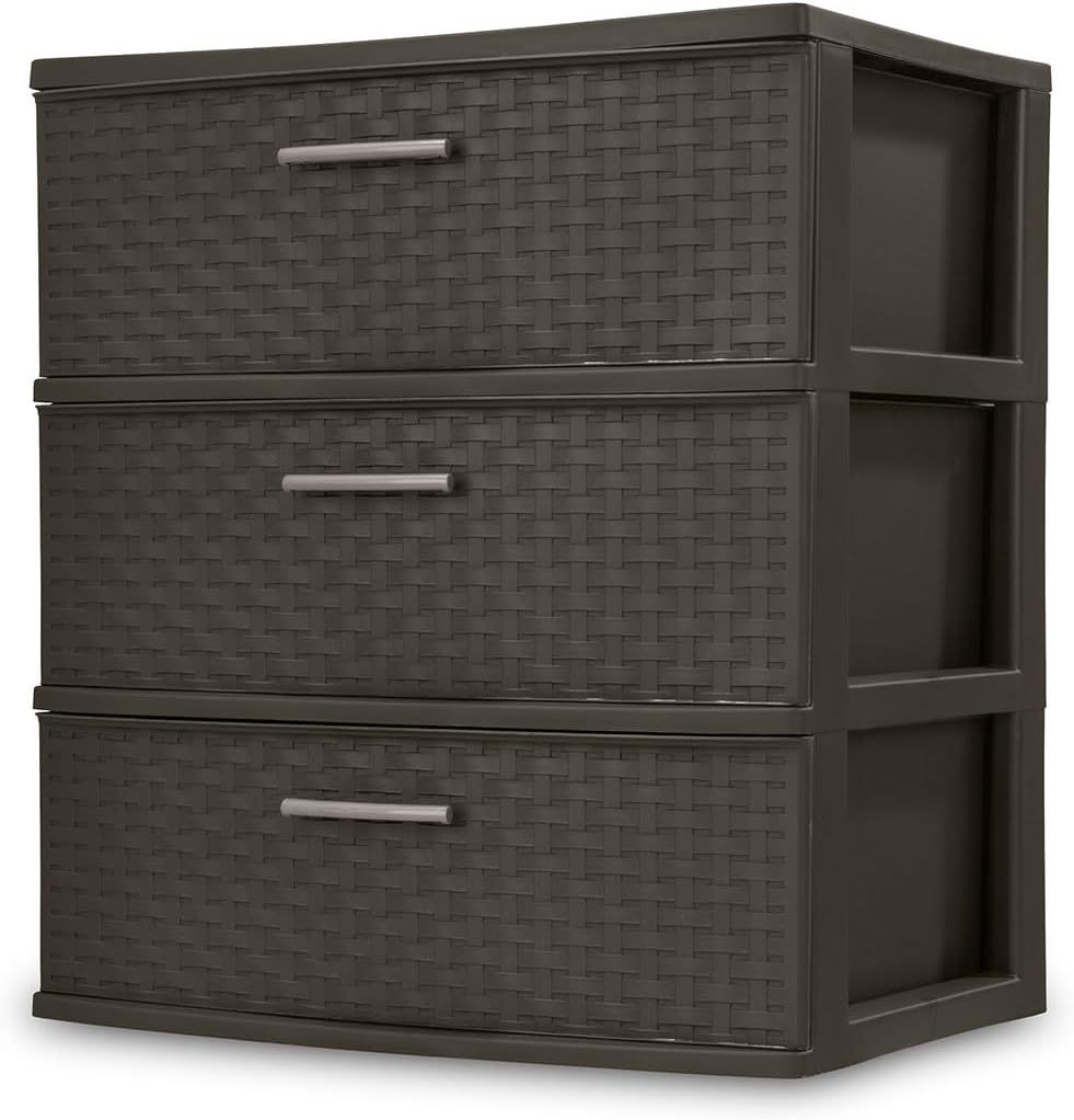 3 Drawer Wide Plastic Weave Tower with Pull Handles,Decorative Storage Drawers for Bedroom, Closet, Office, Espresso, 1-Pack