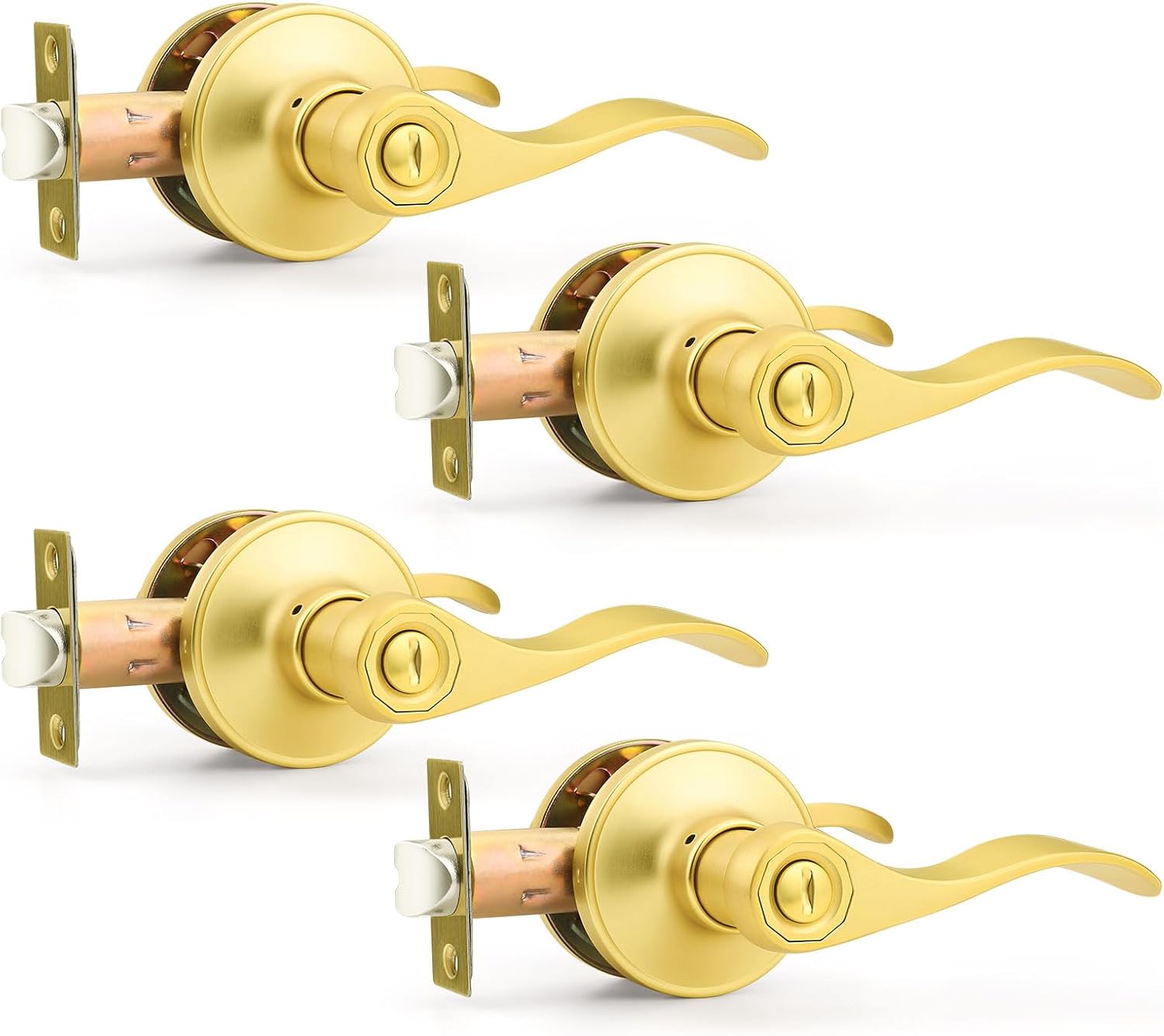 Probrico Door Handles Interior Gold Privacy Door Lever, Brushed Gold Interior Door Handle Lever for Bedroom Bathroom, Wave Style Door Lock, 4 Pack